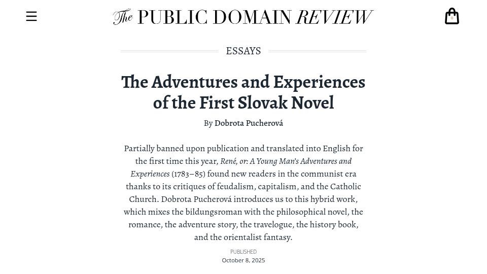 Screenshot of publicdomainreview.org: The Adventures and Experiences of the First Slovak Novel