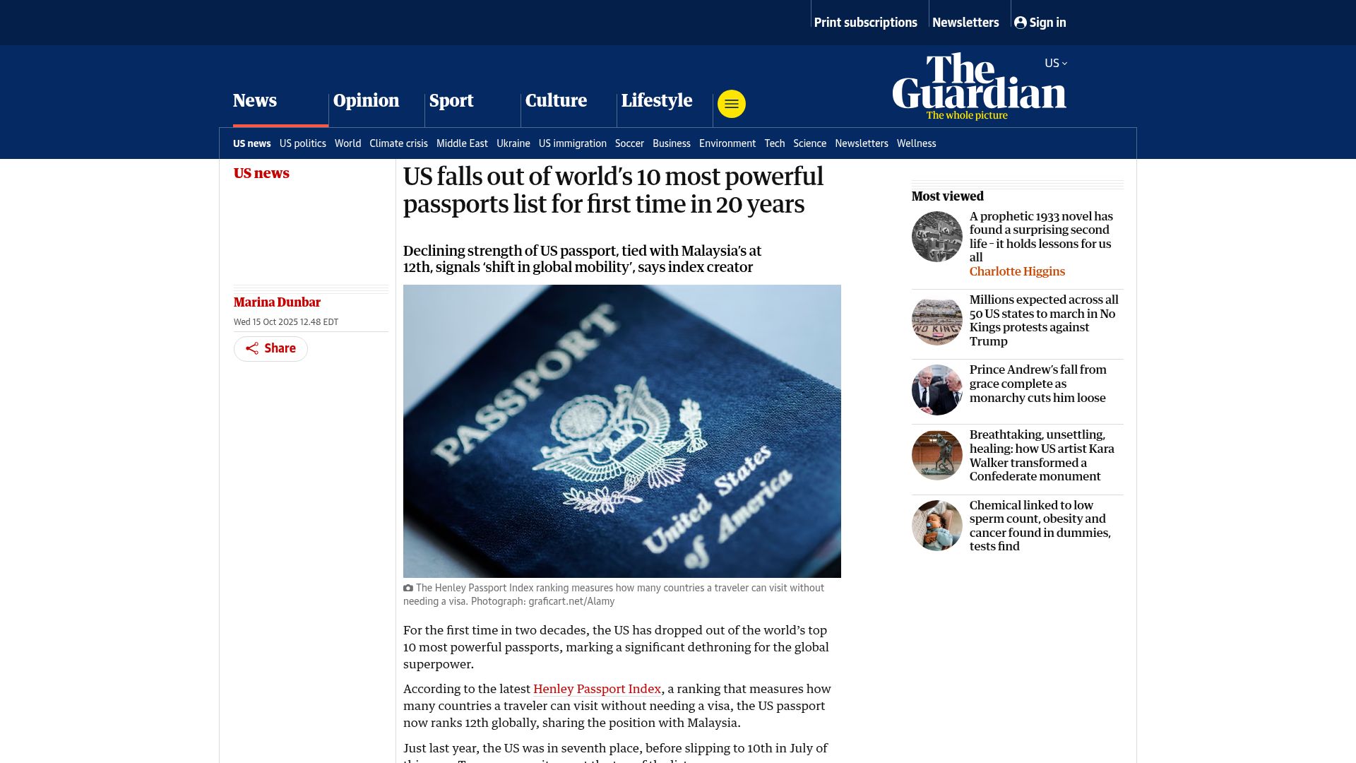 Screenshot of theguardian.com: US falls out of 10 most powerful passports list for first time in 20 yrs