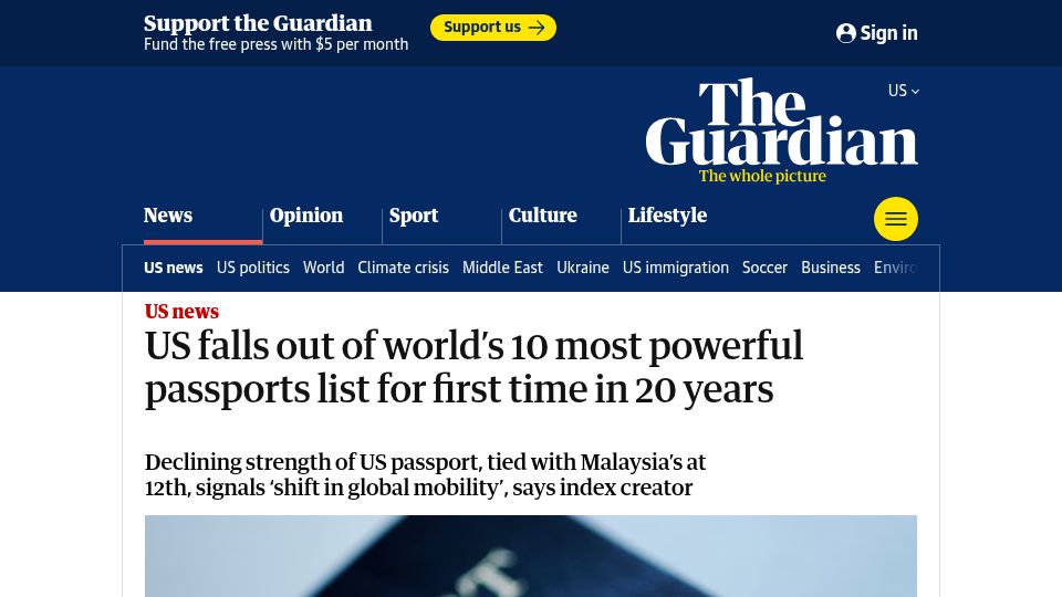 Screenshot of theguardian.com: US falls out of 10 most powerful passports list for first time in 20 yrs