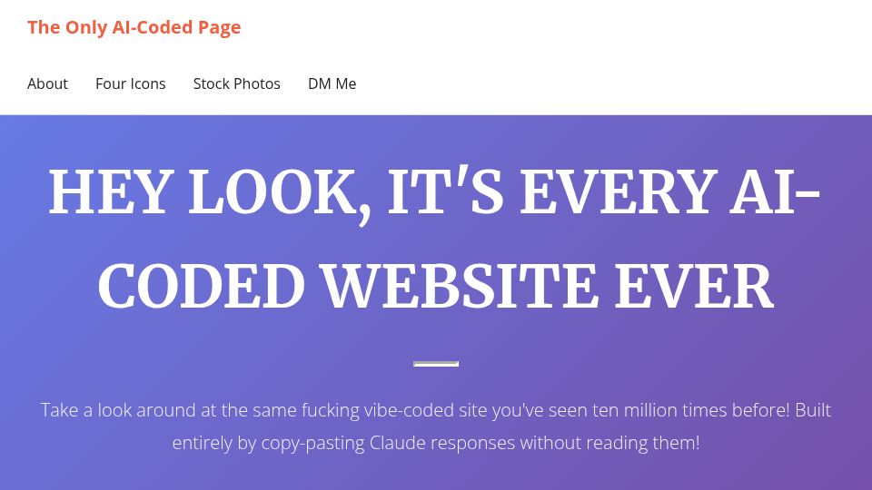 Screenshot of vibe-coded.lol: Every vibe-coded website is the same page with different words. So I made that