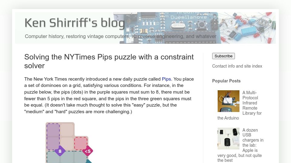 Screenshot of righto.com: Solving the NYTimes Pips puzzle with a constraint solver