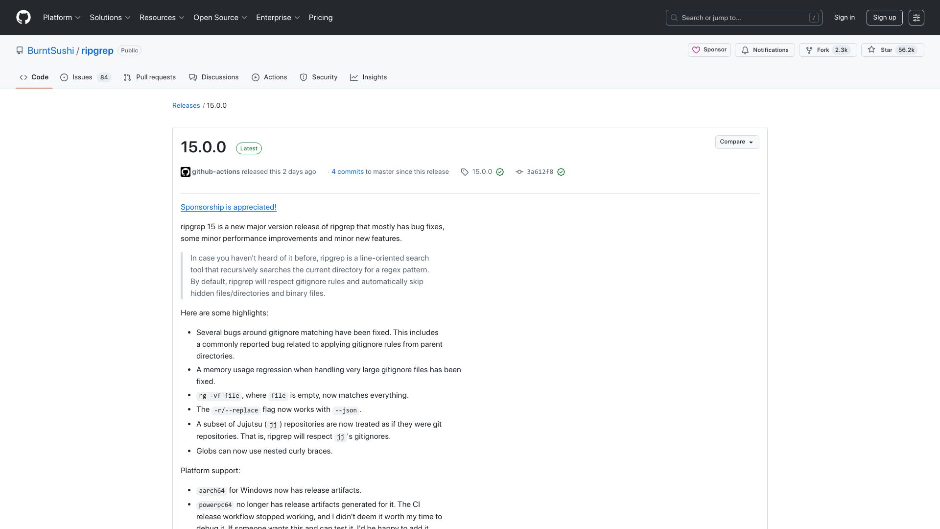 Screenshot of github.com: Ripgrep 15.0