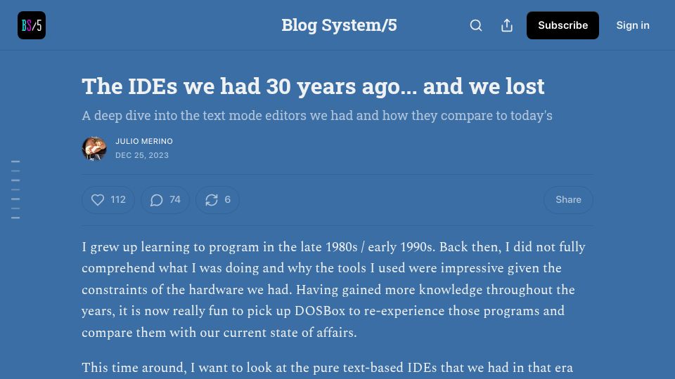 Screenshot of blogsystem5.substack.com: IDEs we had 30 years ago and lost (2023)