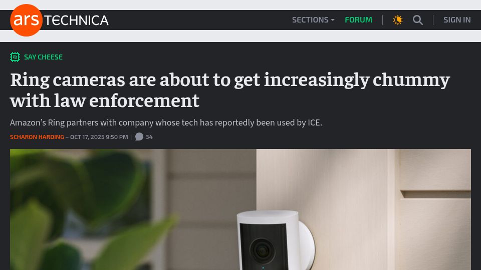 Screenshot of arstechnica.com: Ring cameras are about to get increasingly chummy with law enforcement