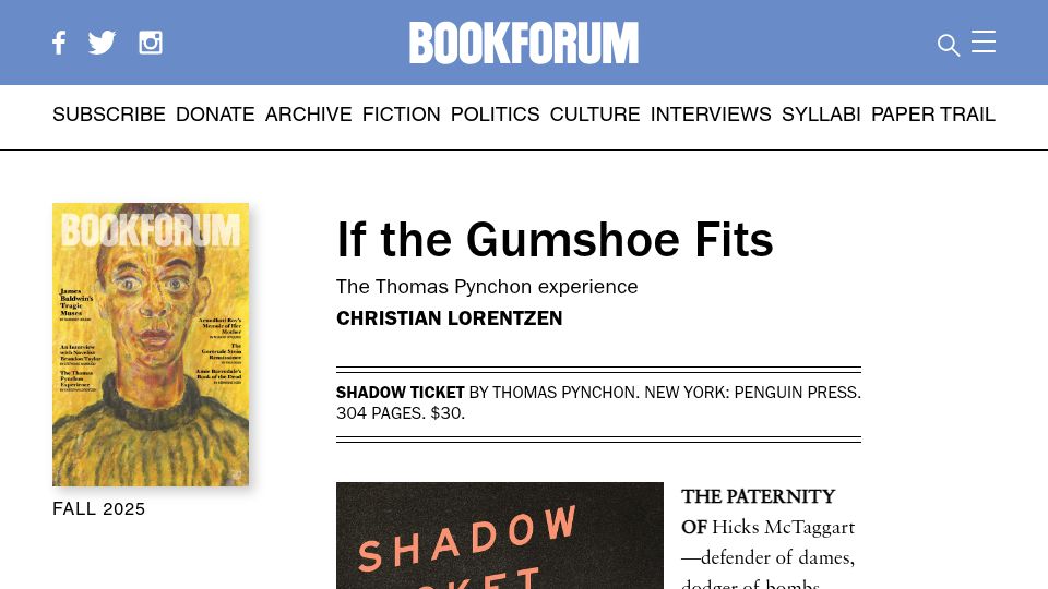 Screenshot of bookforum.com: If the Gumshoe Fits: The Thomas Pynchon Experience
