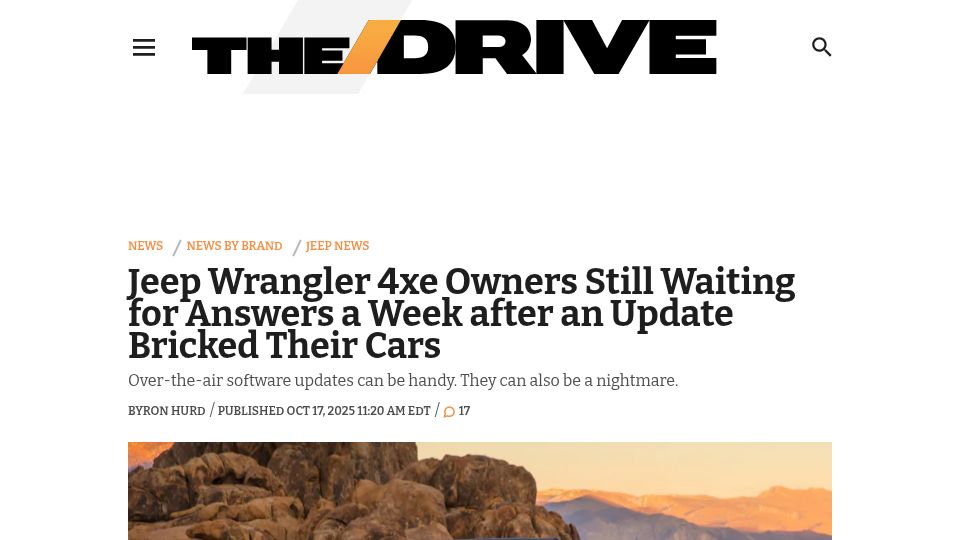 Screenshot of thedrive.com: Jeep wrangler owners waiting for answers week after an update bricked their cars