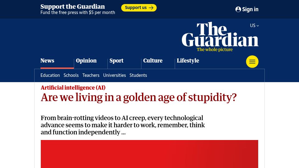 Screenshot of theguardian.com: Are we living in a golden age of stupidity?
