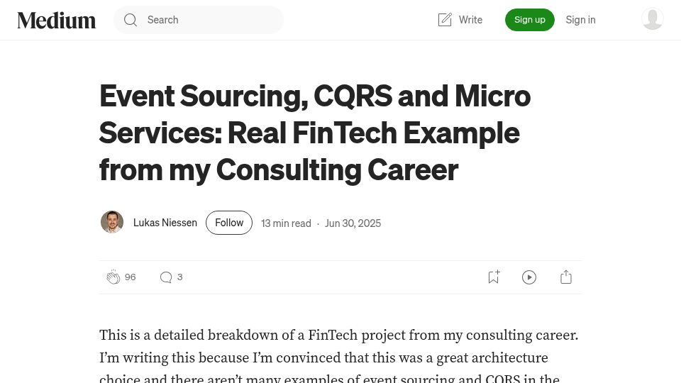 Screenshot of lukasniessen.medium.com: Event Sourcing, CQRS and Micro Services: Real FinTech Example
