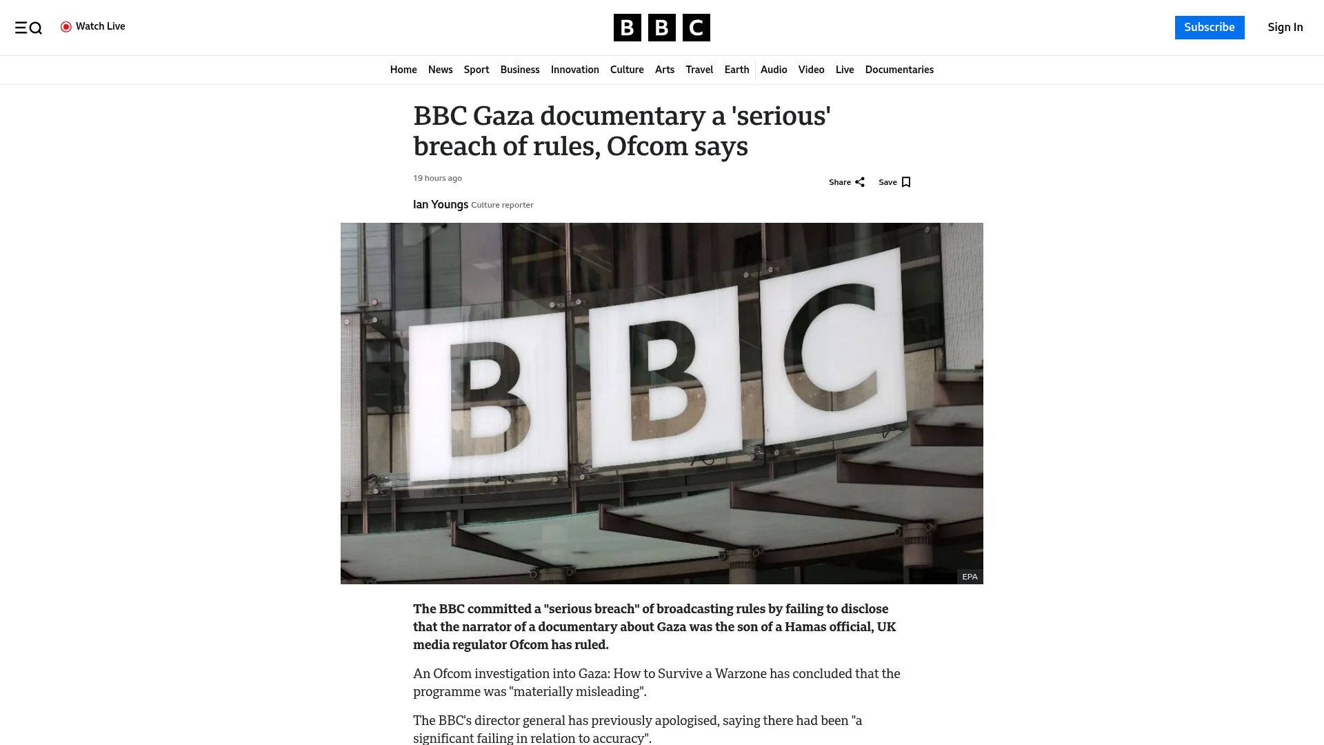 Screenshot of bbc.com: BBC Gaza documentary serious breach of rules