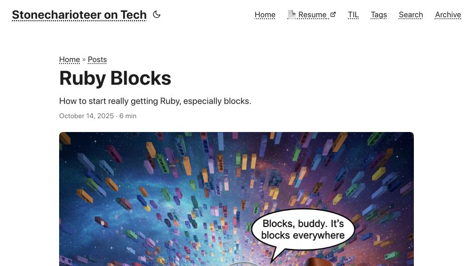 Screenshot of tech.stonecharioteer.com: Ruby Blocks
