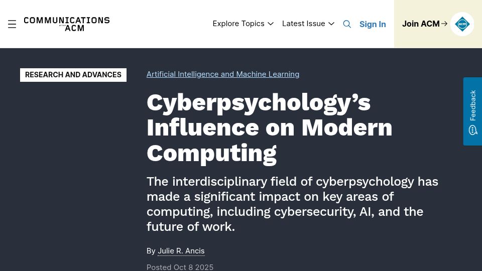 Screenshot of cacm.acm.org: Cyberpsychology's Influence on Modern Computing
