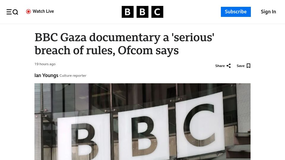 Screenshot of bbc.com: BBC Gaza documentary serious breach of rules