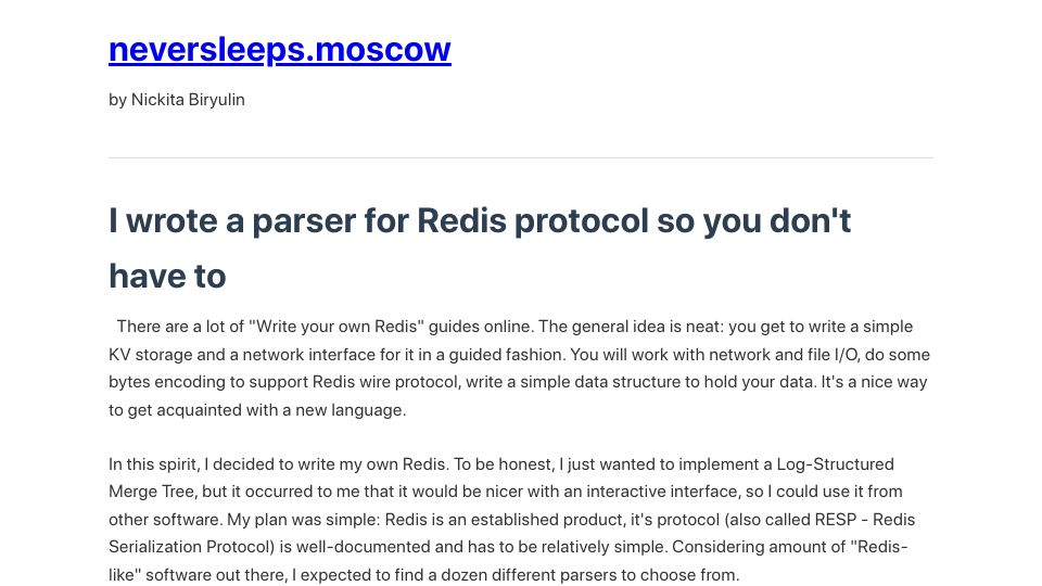Screenshot of neversleeps.moscow: I wrote a parser for Redis protocol so you don't have to
