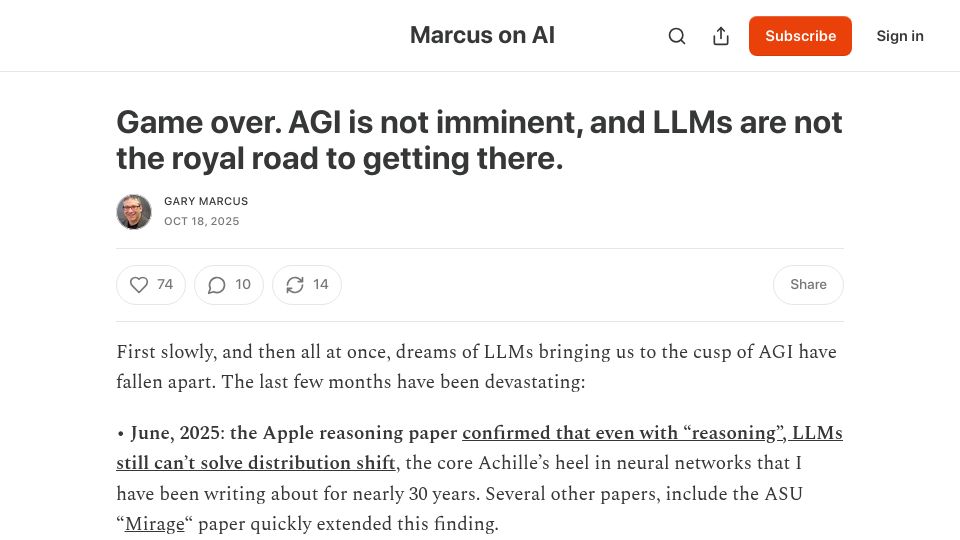 Screenshot of garymarcus.substack.com: Game over. AGI is not imminent, and LLMs are not the royal road to getting there