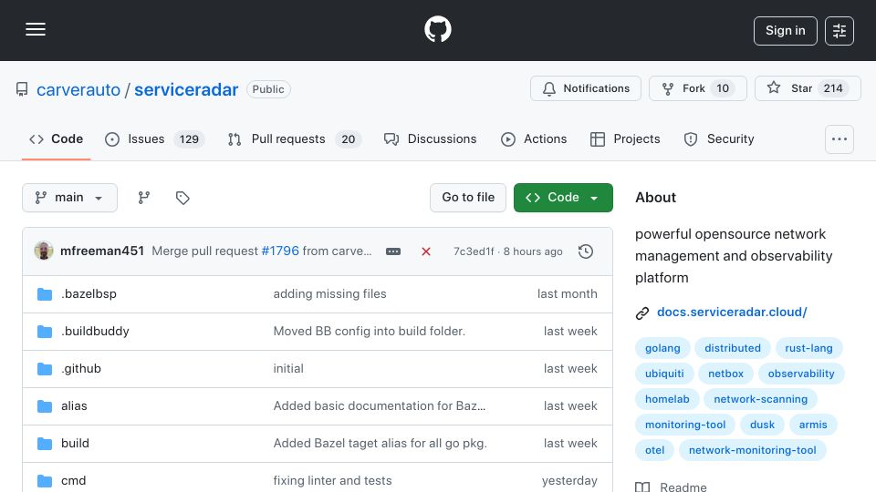 Screenshot of github.com: Show HN: ServiceRadar – open-source Network Observability Platform