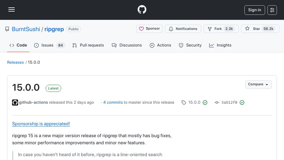 Screenshot of github.com: Ripgrep 15.0