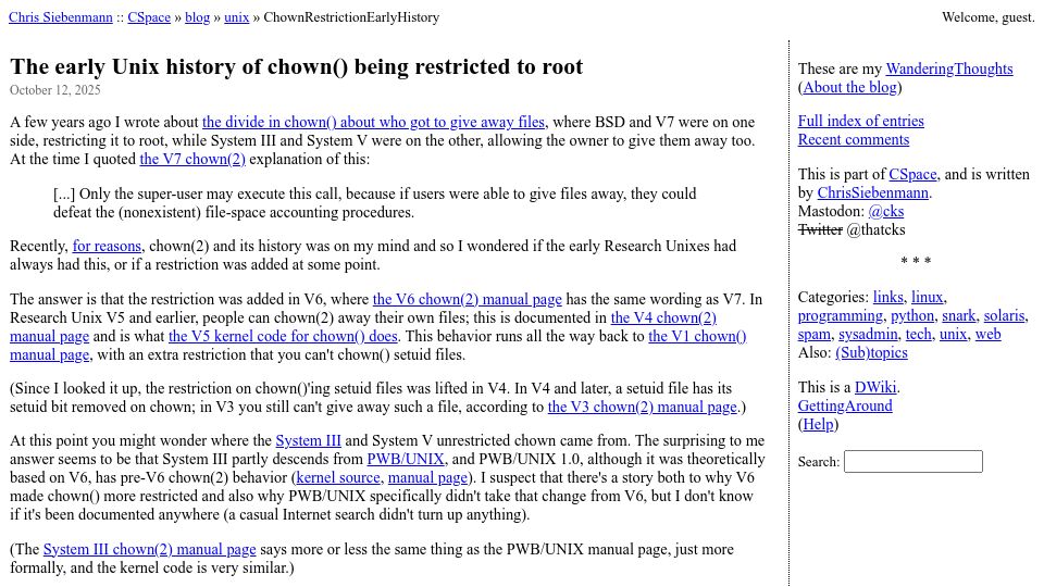 Screenshot of utcc.utoronto.ca: The early Unix history of chown() being restricted to root