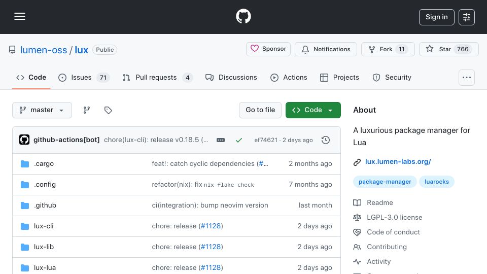 Screenshot of github.com: Lux: A luxurious package manager for Lua