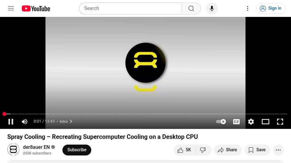 Screenshot of youtube.com: Spray Cooling – Recreating Supercomputer Cooling on a Desktop CPU [video]