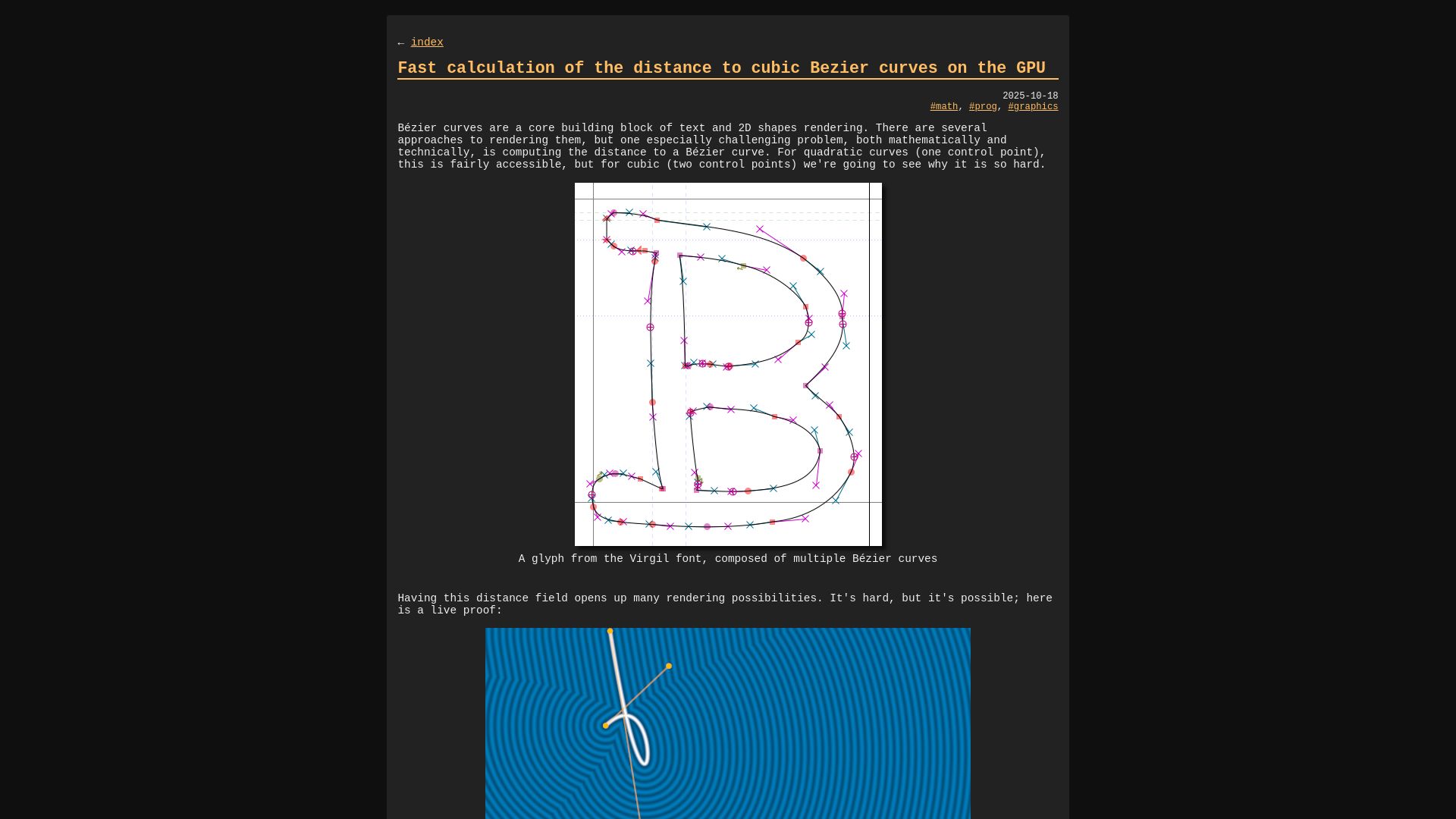 Screenshot of blog.pkh.me: Fast calculation of the distance to cubic Bezier curves on the GPU
