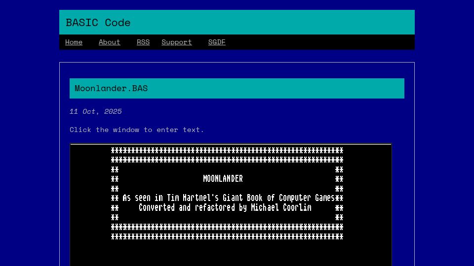 Screenshot of basic-code.bearblog.dev: Moonlander.BAS