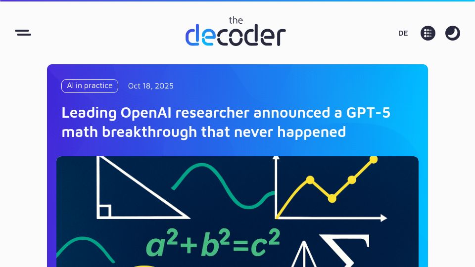Screenshot of the-decoder.com: OpenAI researcher announced GPT-5 math breakthrough that never happened