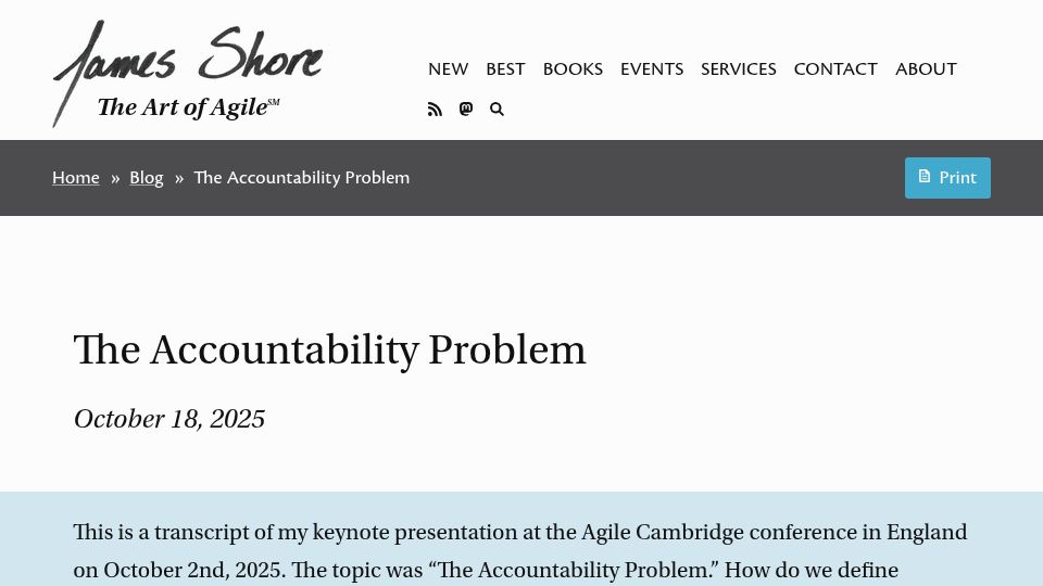 Screenshot of jamesshore.com: The Accountability Problem