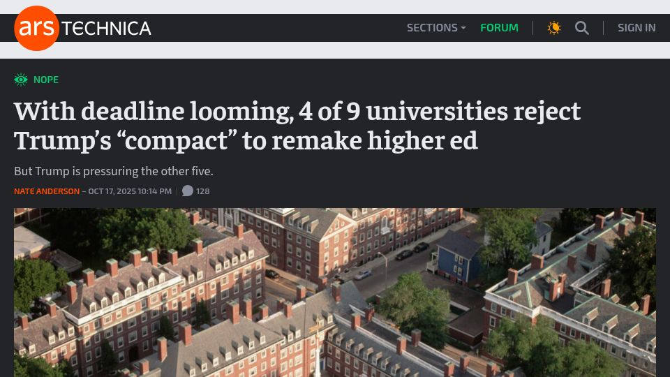 Screenshot of arstechnica.com: With deadline looming 4 of 9 universities reject Trumps pact to remake higher ed
