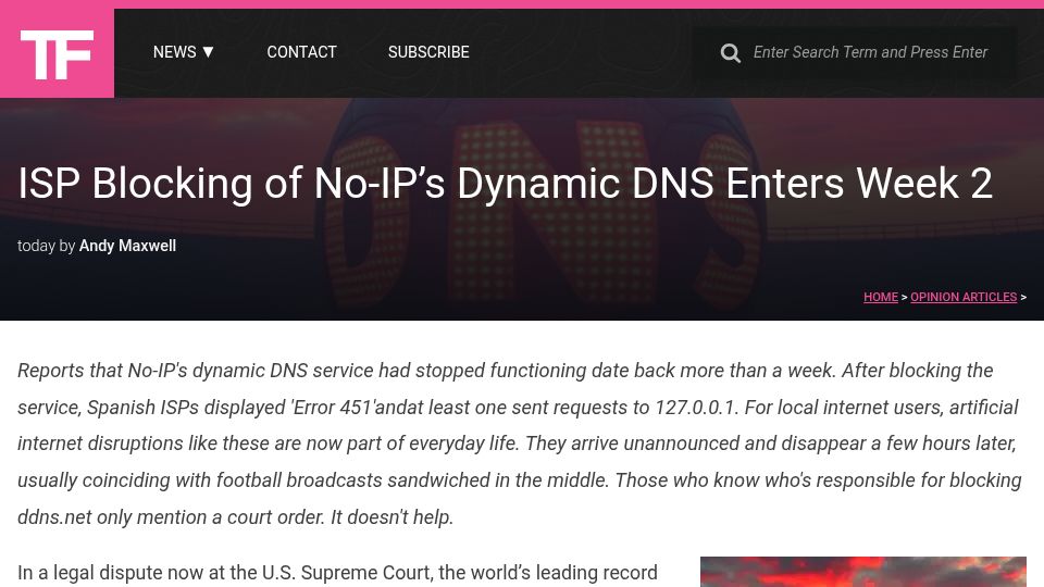 Screenshot of torrentfreak.com: ISP Blocking of No-IP's Dynamic DNS Enters Week 2