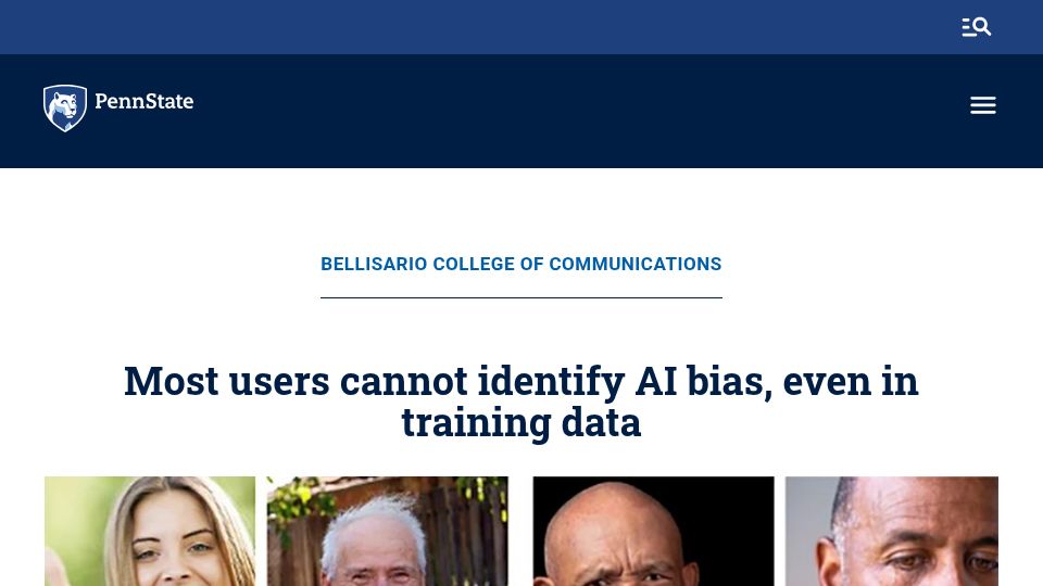 Screenshot of psu.edu: Most users cannot identify AI bias, even in training data