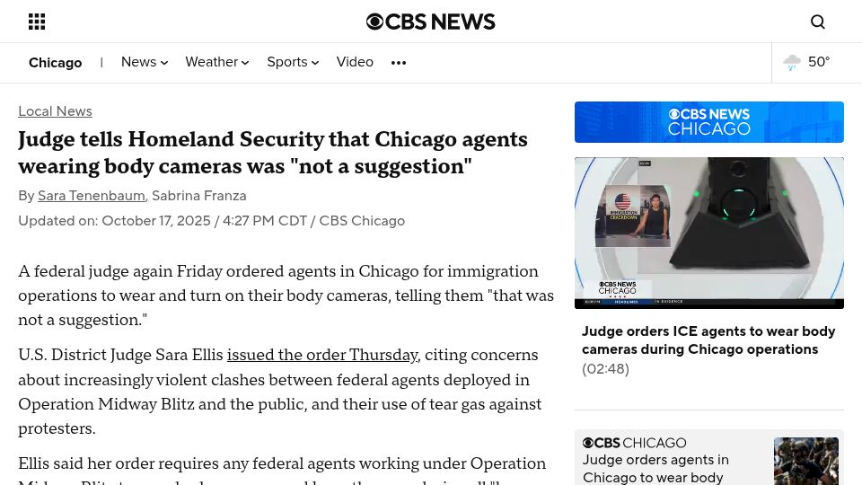 Screenshot of cbsnews.com: Judge says body cameras for Chicago officers "was not a suggestion"