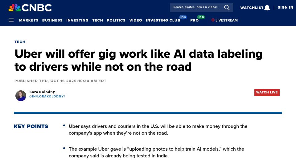 Screenshot of cnbc.com: Uber will offer gig work like AI data labeling to drivers while not on the road