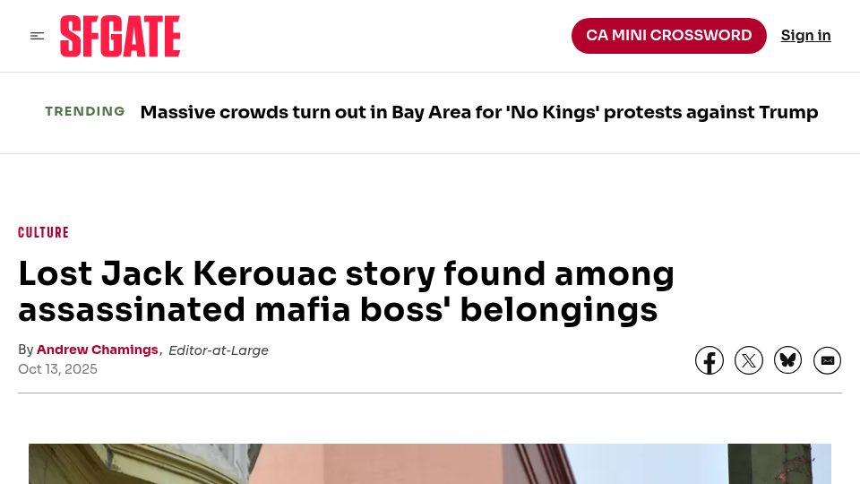 Screenshot of sfgate.com: Lost Jack Kerouac story found among assassinated mafia boss' belongings