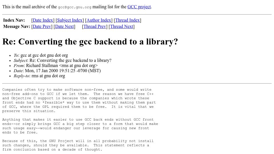 Screenshot of gcc.gnu.org: The reason GCC is not a library (2000)