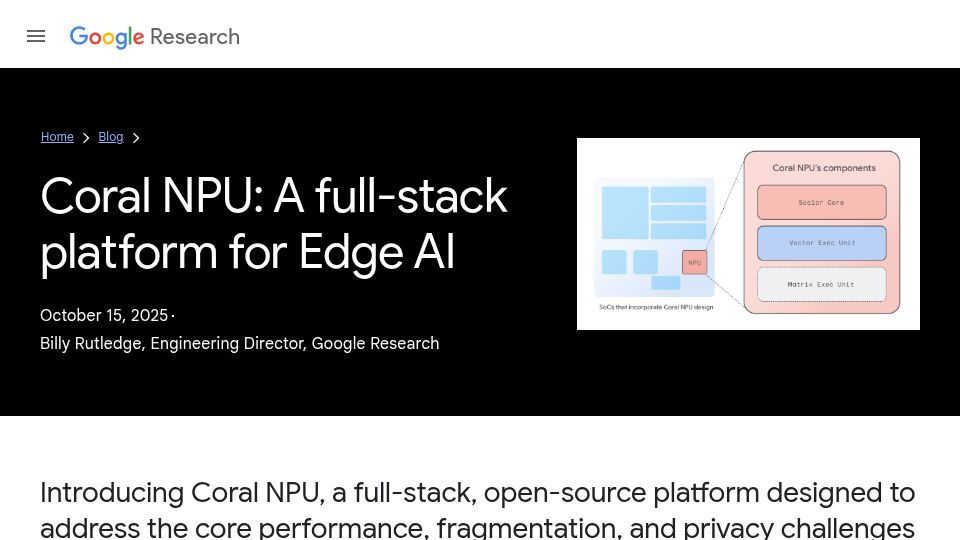 Screenshot of research.google: Coral NPU: A full-stack platform for Edge AI