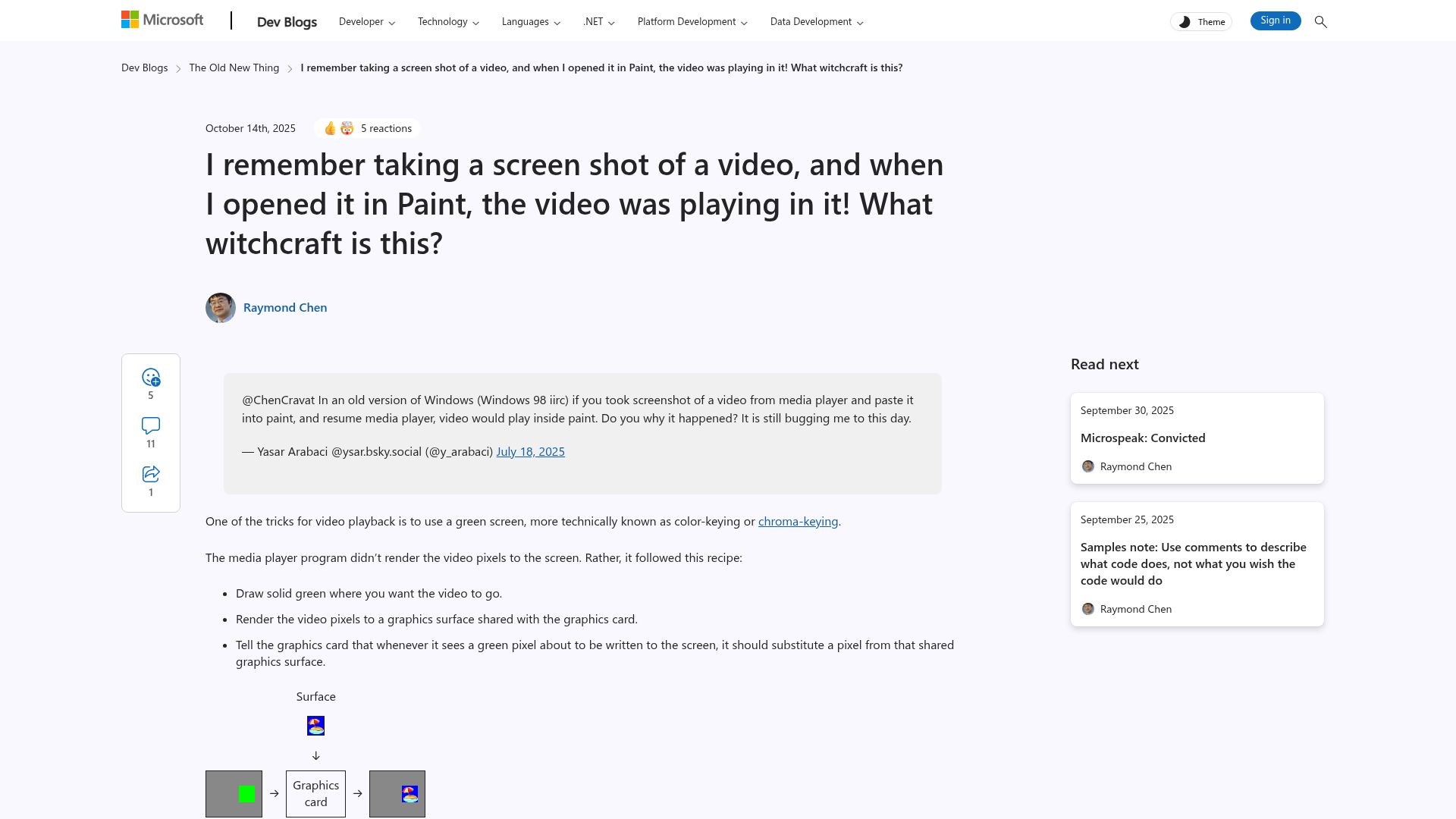 Screenshot of devblogs.microsoft.com: When you opened a screen shot of a video in Paint, the video was playing in it