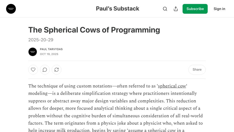 Screenshot of programmingsimplicity.substack.com: The Spherical Cows of Programming