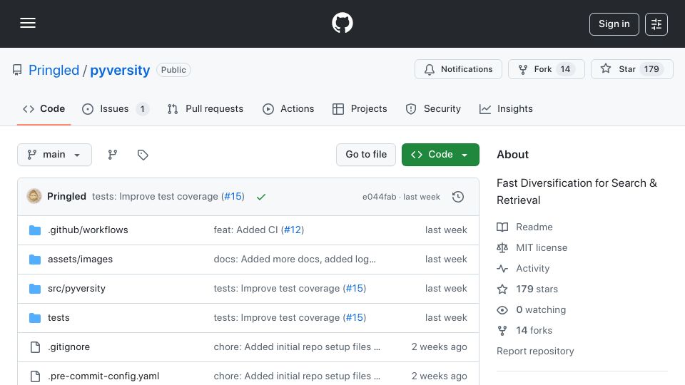Screenshot of github.com: Show HN: Pyversity – Fast Result Diversification for Retrieval and RAG