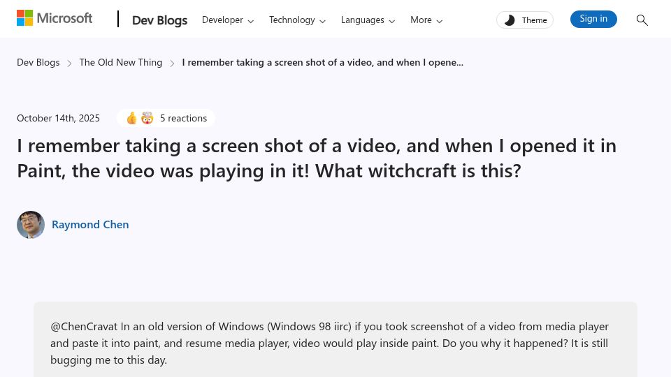 Screenshot of devblogs.microsoft.com: When you opened a screen shot of a video in Paint, the video was playing in it