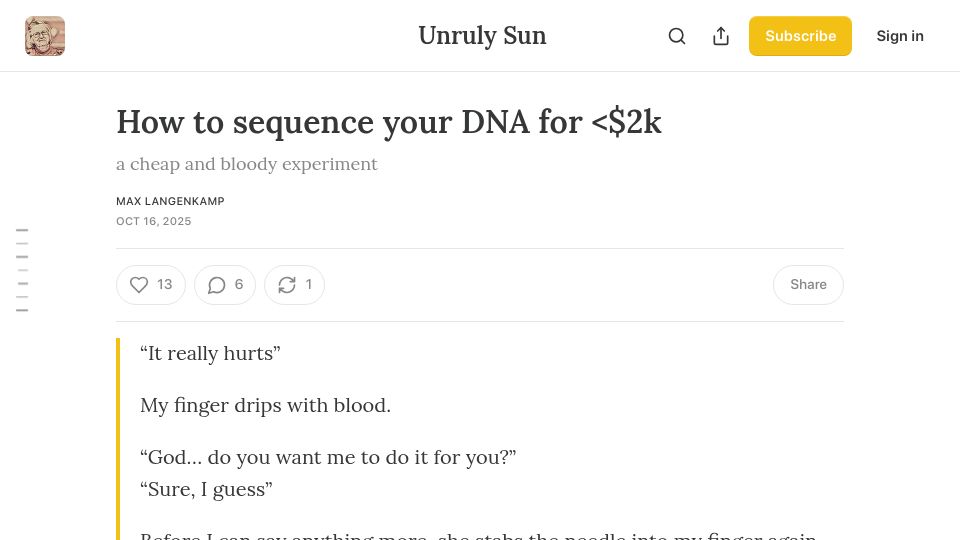Screenshot of maxlangenkamp.substack.com: How to sequence your DNA for <$2k