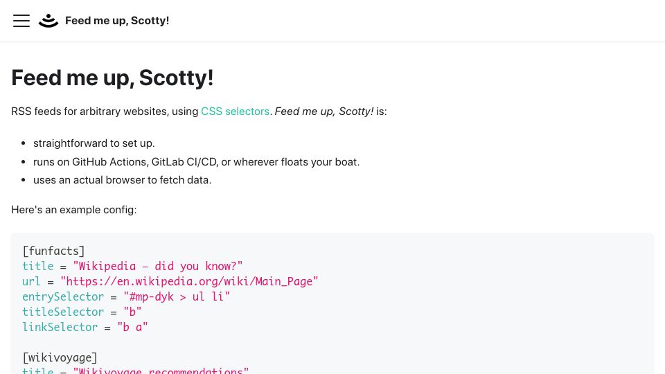 Screenshot of feed-me-up-scotty.vincenttunru.com: Feed me up, Scotty – custom RSS feed generation using CSS selectors