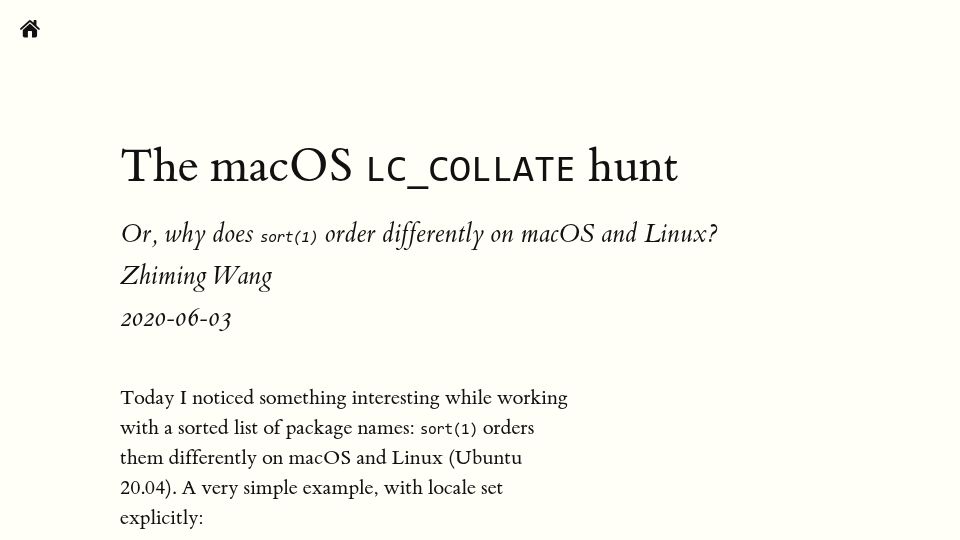 Screenshot of blog.zhimingwang.org: The macOS LC_COLLATE hunt: Or why does sort order differently on macOS and Linux (2020)