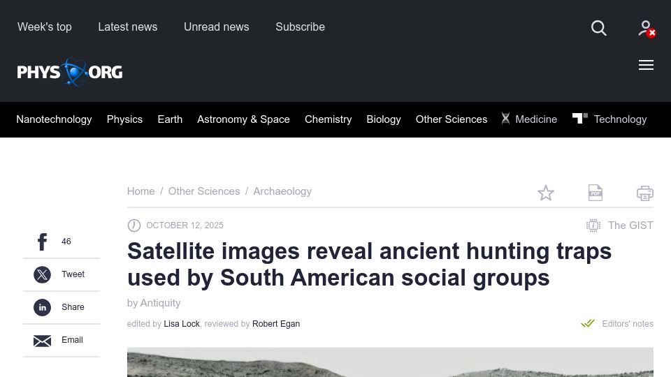 Screenshot of phys.org: Satellite images show ancient hunting traps used by South American social groups