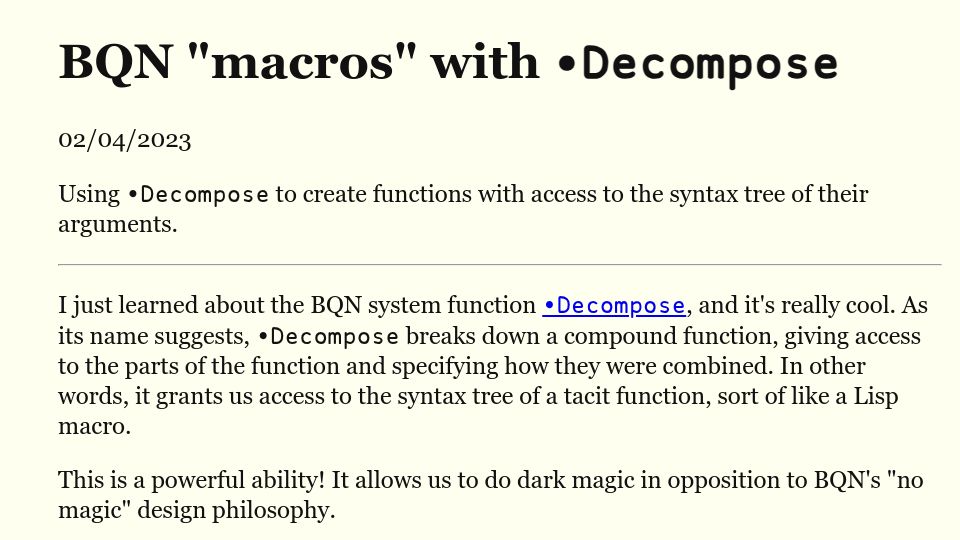 Screenshot of saltysylvi.github.io: BQN "Macros" with •Decompose (2023)