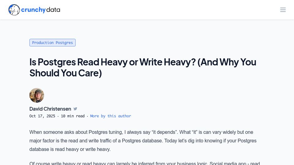 Screenshot of crunchydata.com: Is Postgres read heavy or write heavy?