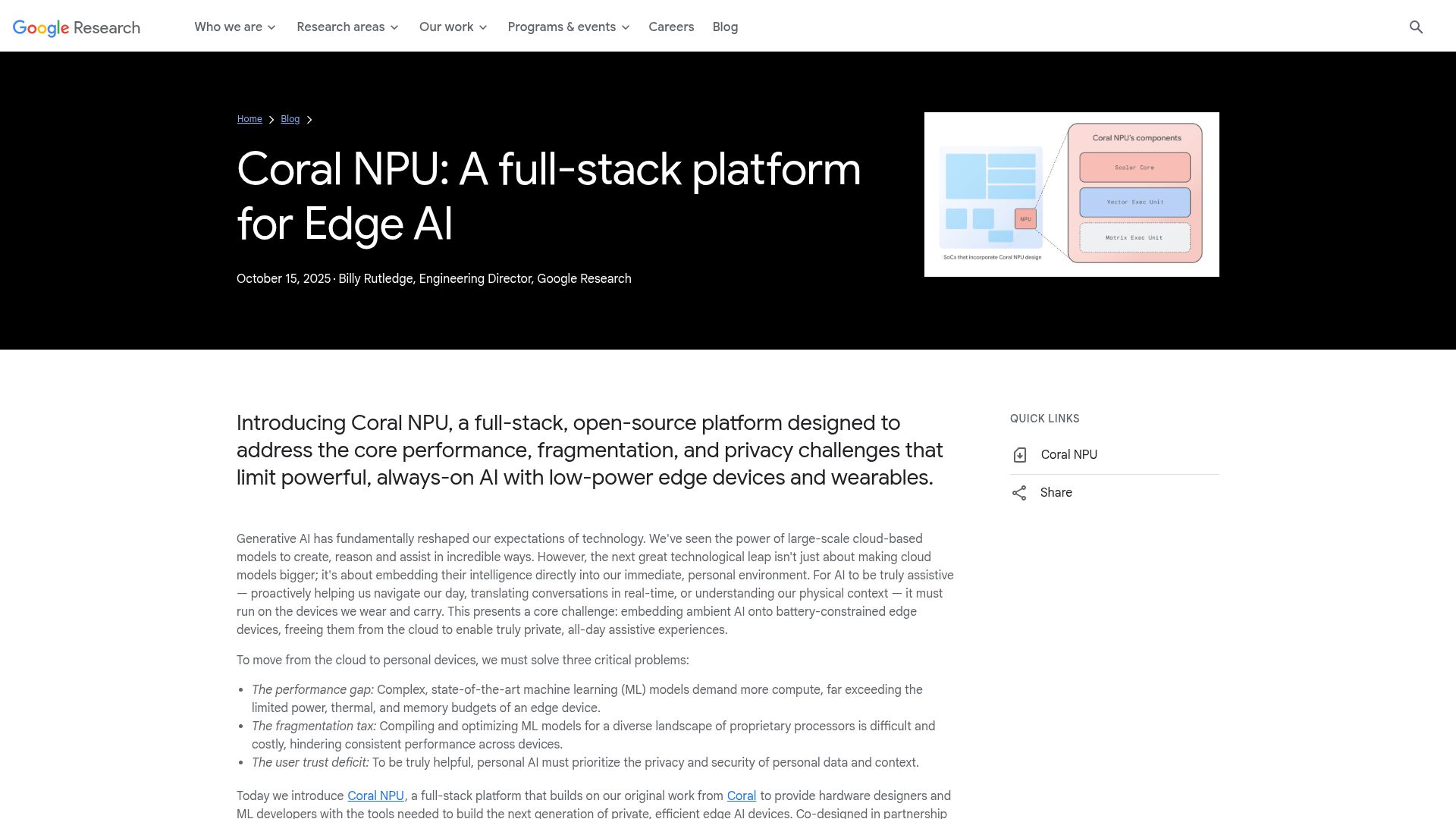 Screenshot of research.google: Coral NPU: A full-stack platform for Edge AI