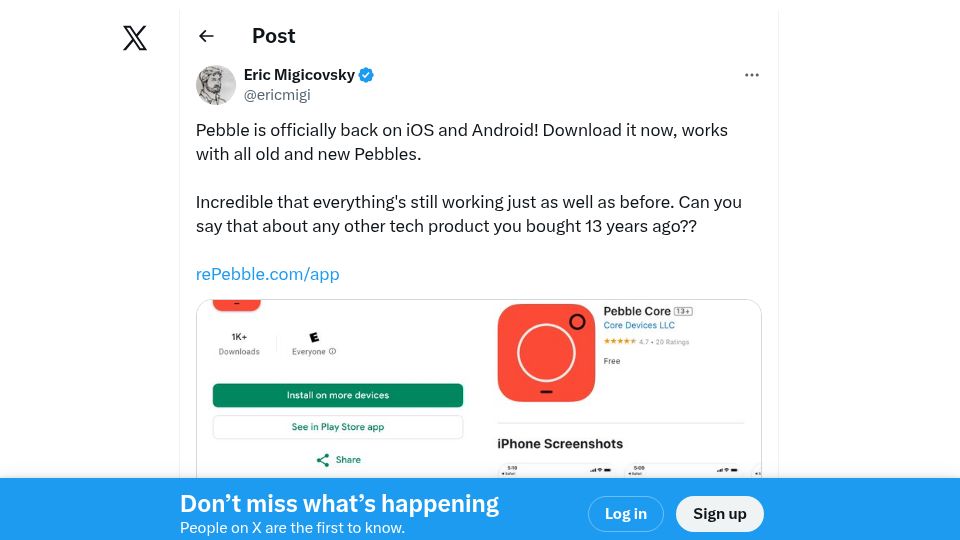 Screenshot of twitter.com: Pebble is officially back on iOS and Android