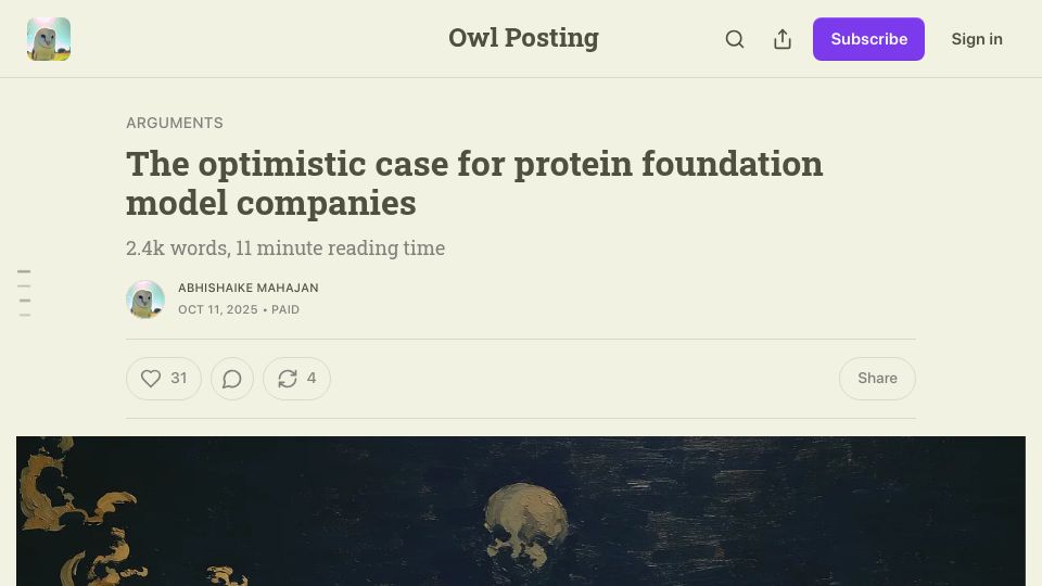 Screenshot of owlposting.com: The optimistic case for protein foundation model companies