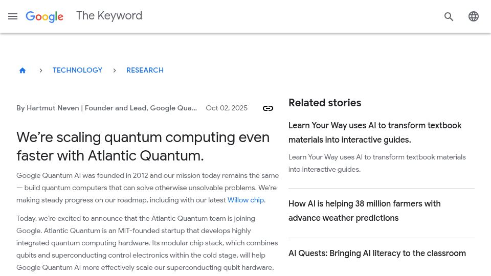 Screenshot of blog.google: The Atlantic Quantum team is joining Google