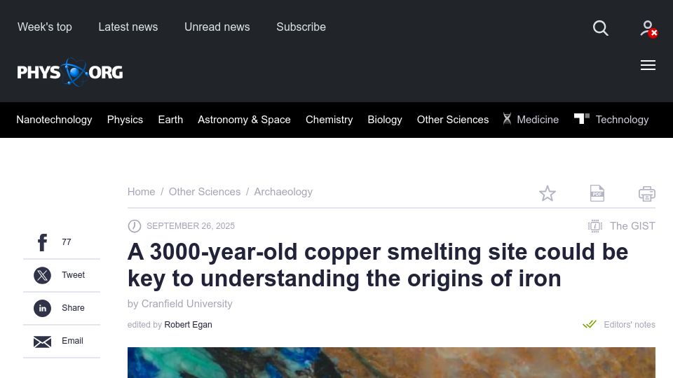 Screenshot of phys.org: A 3K-year-old copper smelting site could be key to understanding origins of iron